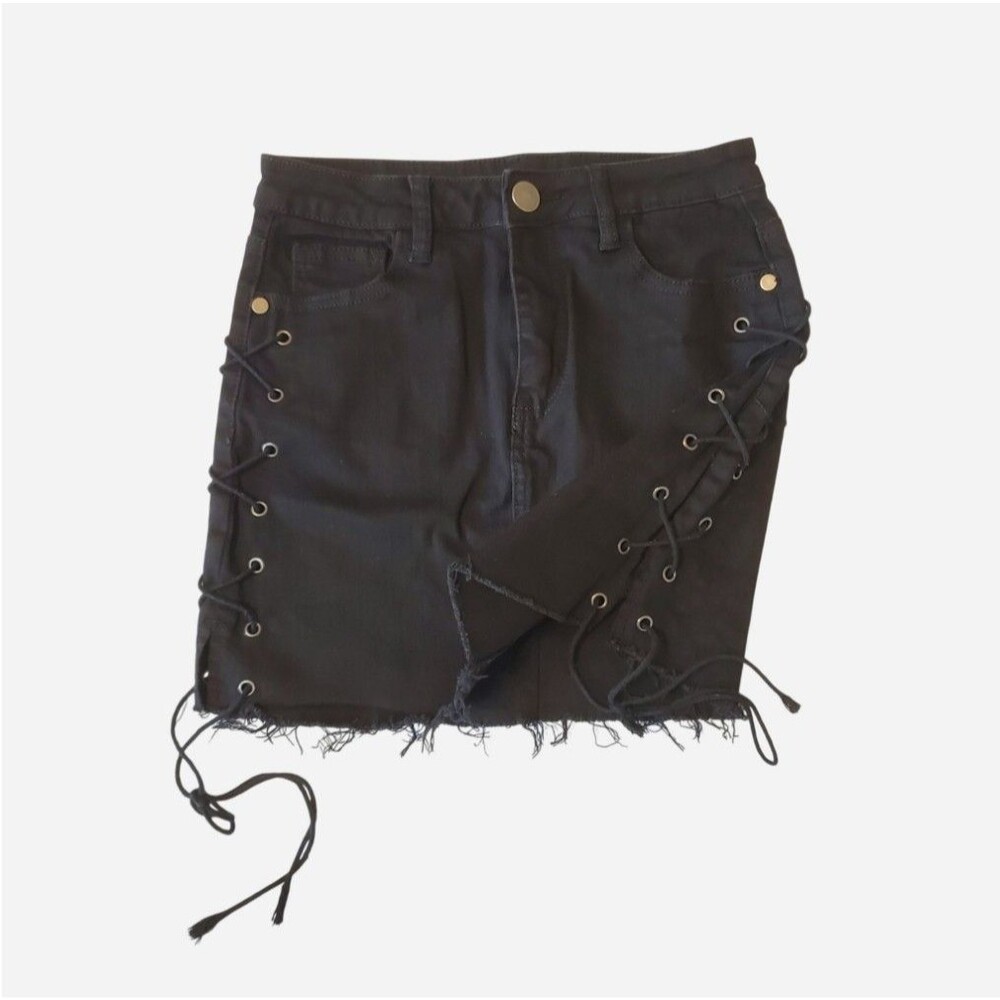 Windsor Black grommet Side Tie Up Mini Denim Skirt Size XS Y2K Alt Goth Party